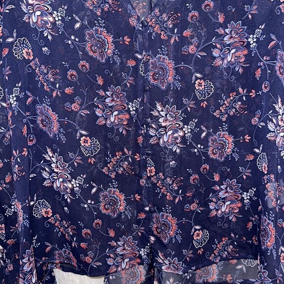 Joie S Navy Floral Silk Romantic Button Front Ruched Back Long Sleeve Blouse - Picture 5 of 12